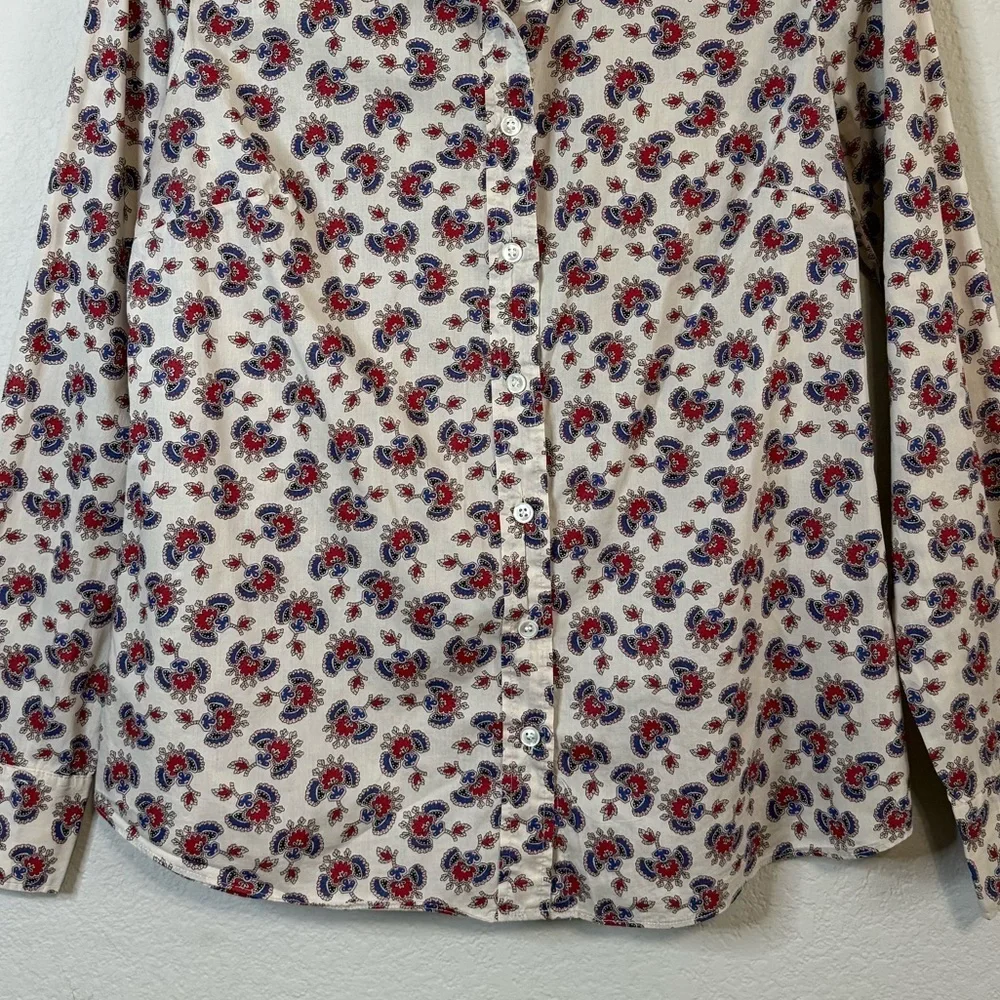 J Crew Cotton White Red Blue Perfect Paisley Long Sleeve Button Front Shirt Sz 4
